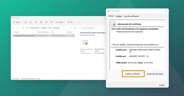 Ventana de Windows con el certificado intermedio de firma electrónica simple de ABANCERT, junto al archivo descargado en la carpeta Descargas