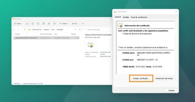 Ventana de Windows con el certificado intermedio de firma electrónica simple de ABANCERT, junto al archivo descargado en la carpeta Descargas