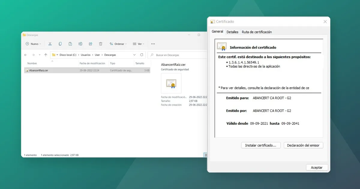 Ventana de Windows con el certificado raíz ABANCERT CA ROOT - G2, junto al archivo AbancertRaiz.cer en la carpeta Descargas