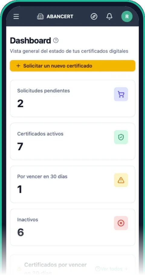 Panel de Tu Oficina con las solicitudes pendientes, los certificados activos y los que están por vencer