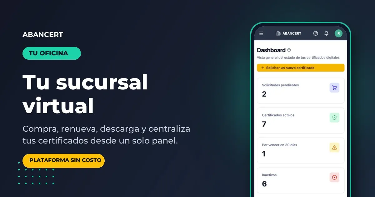 Panel de Tu Oficina en un teléfono, junto al título «Tu sucursal virtual»